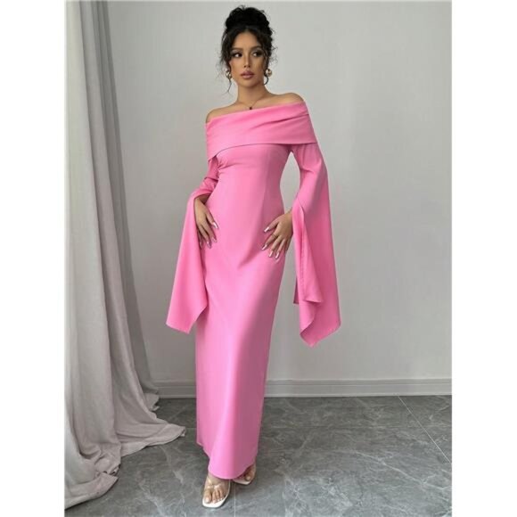 Asymmetric Sleeve Ruffle Detail Off-Shoulder Elegant Dress Maxi Women Outfit - Picture 5 of 6